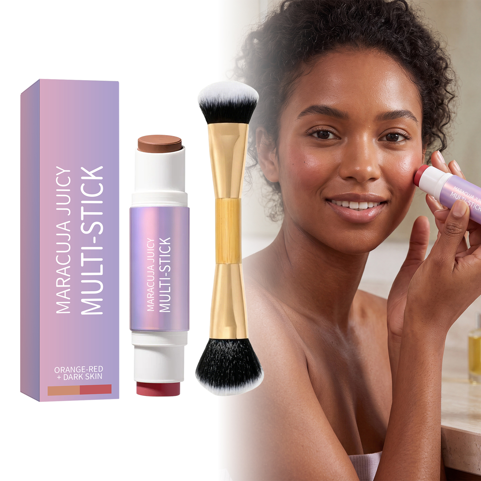 (Orange Red Dark Skin) Two In One Blush Contour Stick Double Head Rose Red Dark Brown Matte Lightweight Fit Longwear Natural Stereo Portable Facial Makeup