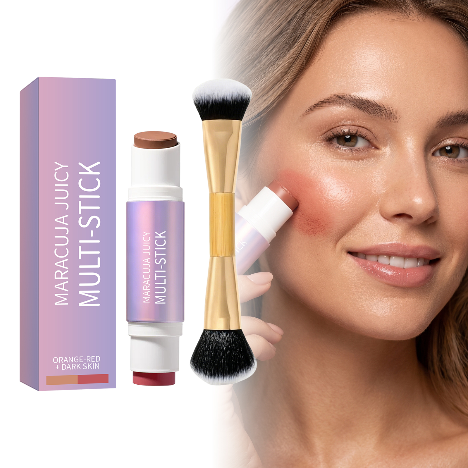 (Orange Red Dark Skin) Two In One Blush Contour Stick Double Head Rose Red Dark Brown Matte Lightweight Fit Longwear Natural Stereo Portable Facial Makeup