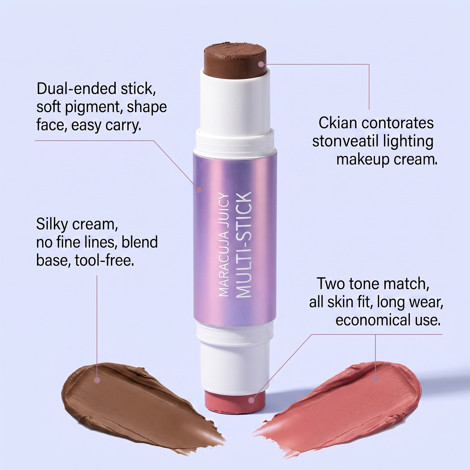 (Orange Red Dark Skin) Two In One Blush Contour Stick Double Head Rose Red Dark Brown Matte Lightweight Fit Longwear Natural Stereo Portable Facial Makeup
