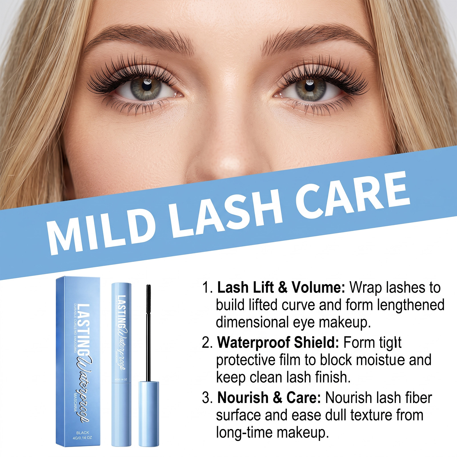 (Black) Makeup Longlasting Waterproof Mascara Smudgeproof Lengthen Curling Separated Mild Eyelash Care Cosmetic