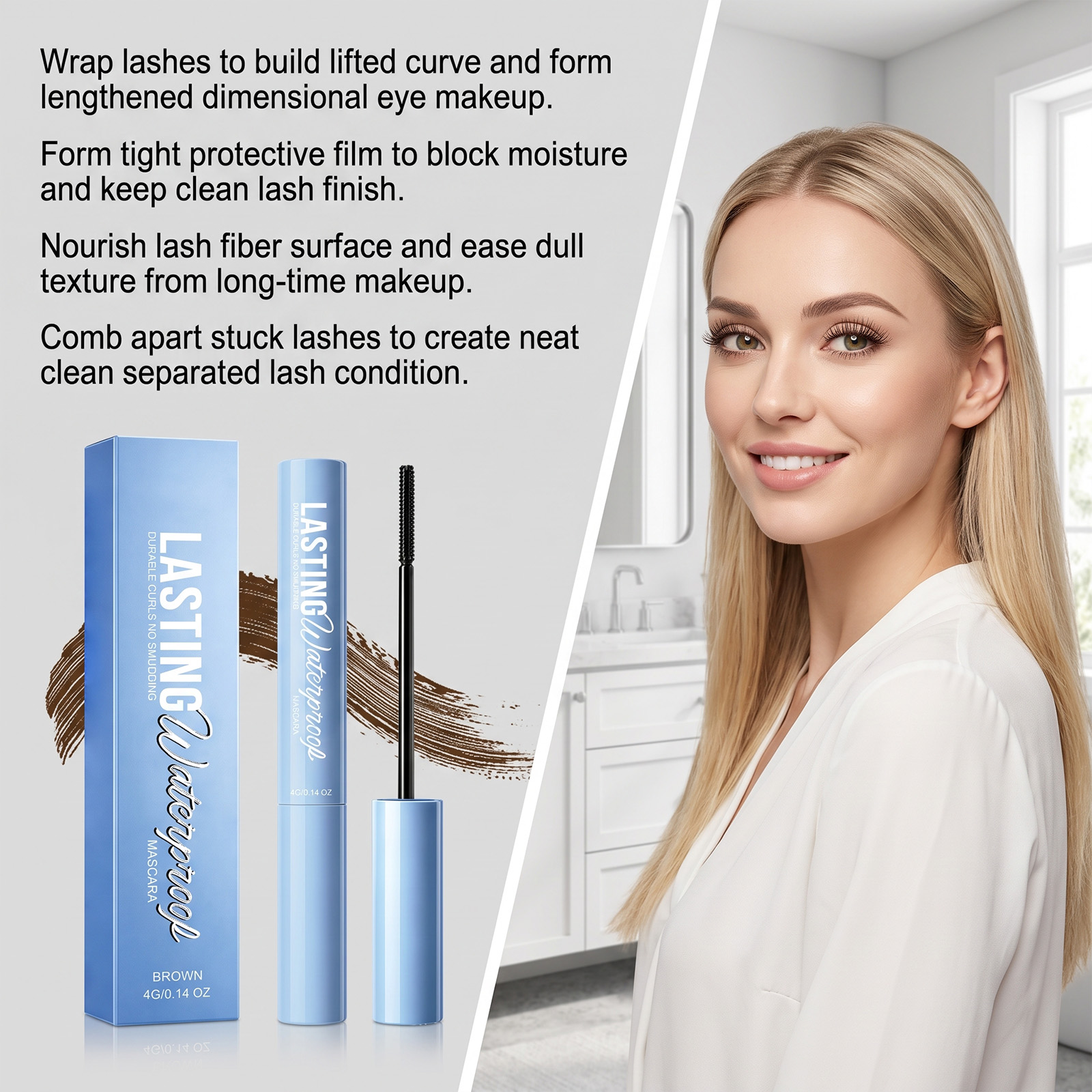 (Black) Makeup Longlasting Waterproof Mascara Smudgeproof Lengthen Curling Separated Mild Eyelash Care Cosmetic