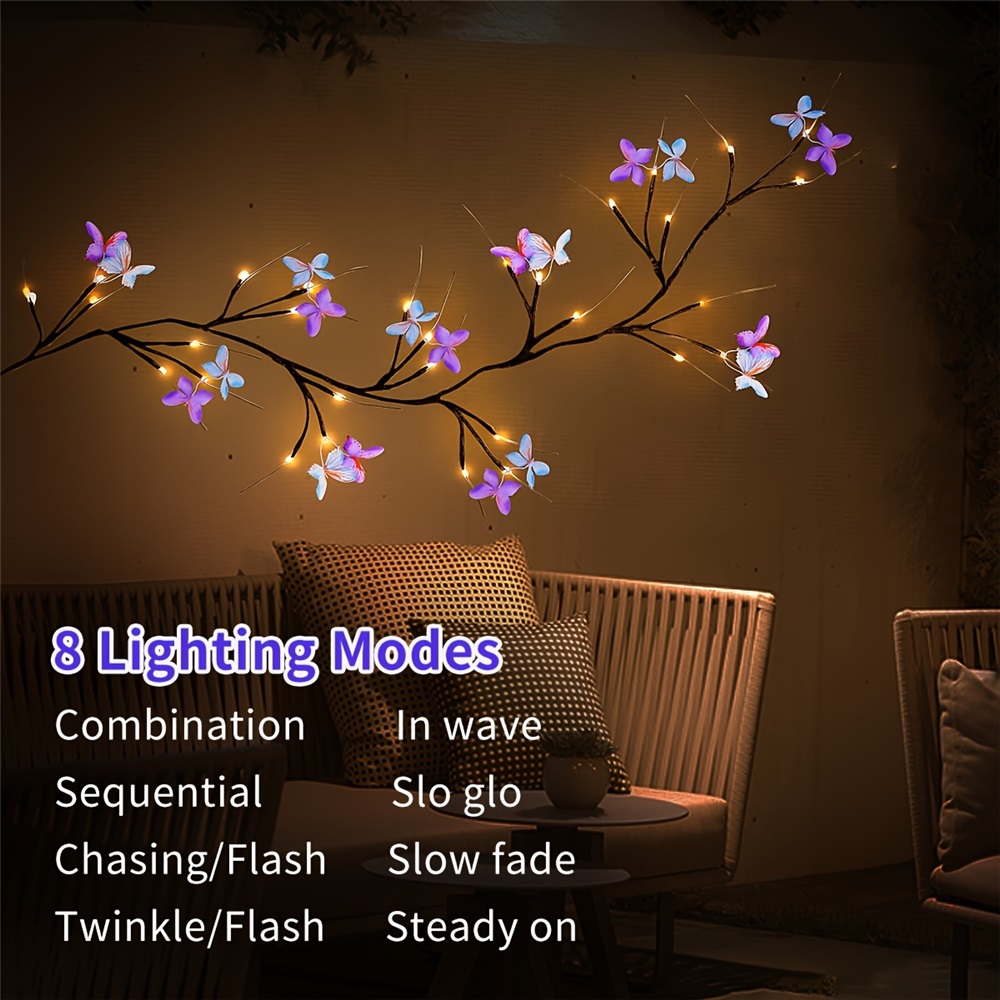 Butterfly Willow Vine Lights 8 Modes Bendable Tree Branch with Butterflies USB Powered for Wedding Christmas Decoration 30LED Warm White 