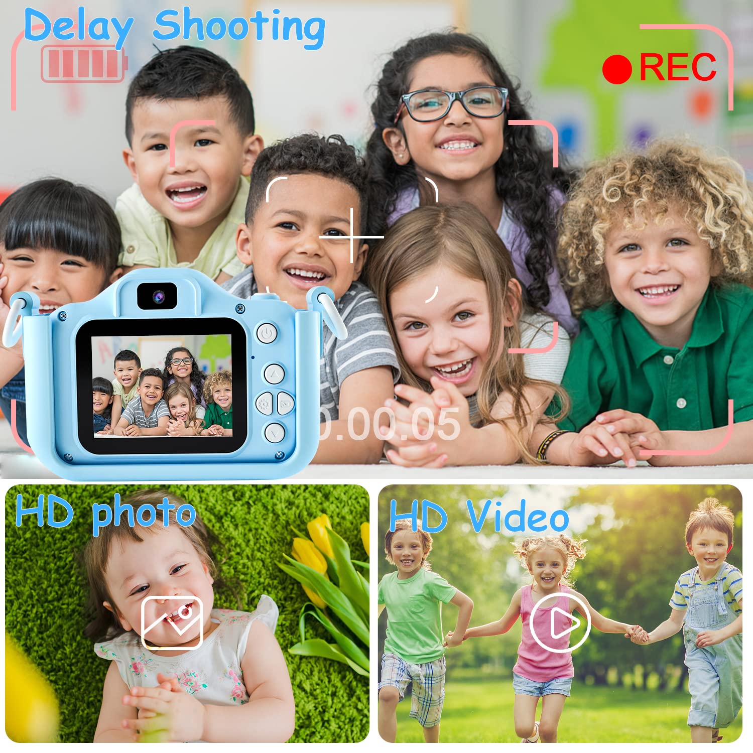 (Blue) Kids Digital Camera Video Camcorder Shockproof Rechargeable with 32GB SD Card Cartoon Soft Silicone Case for Outdoor Play Toys Christmas Birthday Festival Gifts for Child Toddler