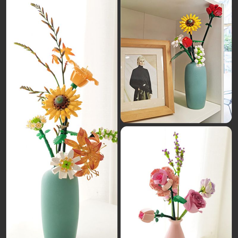 (A) Romantic Rose Flowers Bouquet Building Blocks Ideas Simulation Model Bricks Home Decoration DIY Toys for Girls Gifts