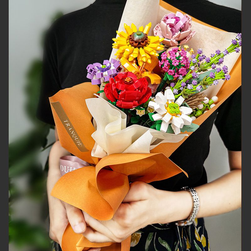 (A) Romantic Rose Flowers Bouquet Building Blocks Ideas Simulation Model Bricks Home Decoration DIY Toys for Girls Gifts