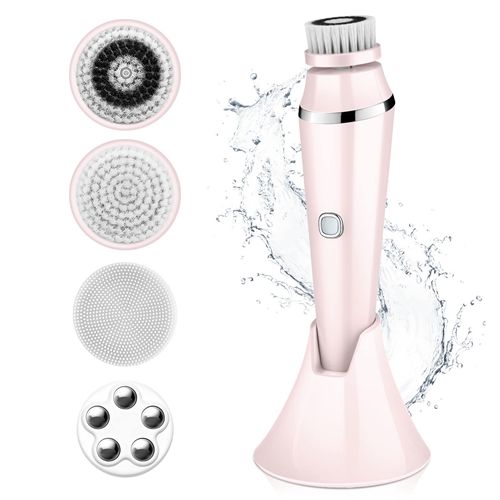 (Pink) Facial Cleansing Brush 4 in 1 Electric Face Spin Brush for Cleaning Exfoliating Massaging with 4 Replacement Heads