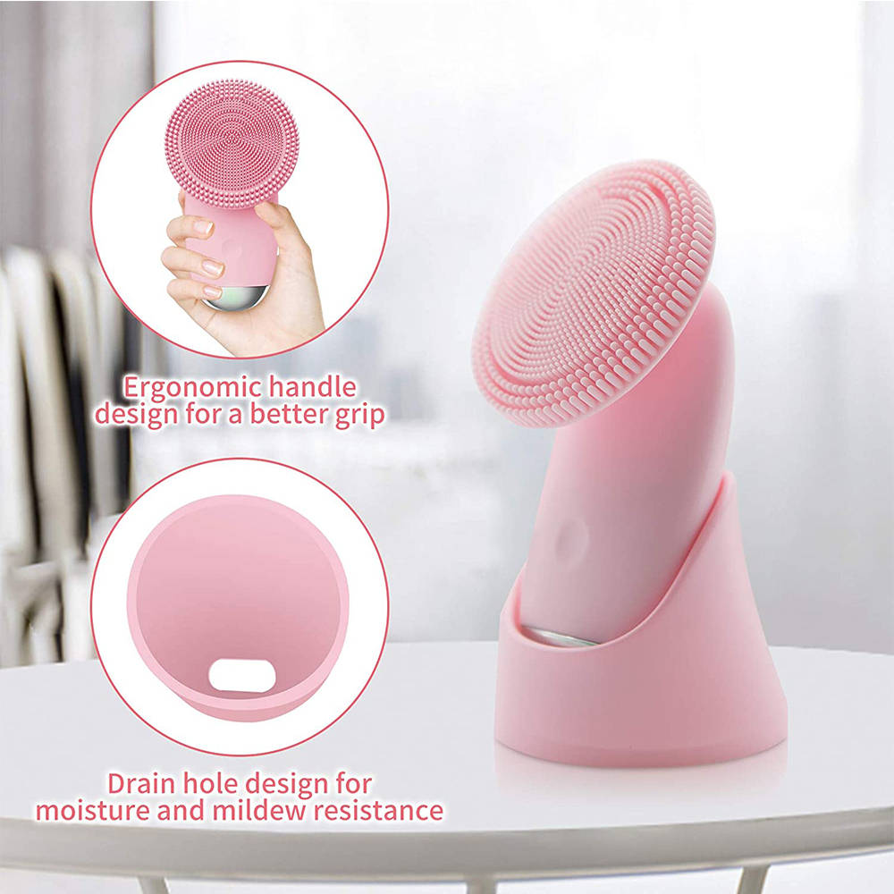 (Pink) Facial Cleansing Brush Electric Silicone Makeup Remover Face Skin Care Tools Waterproof Ultrasonic Sonic Cleanser Cleans Pores Facial Beauty Massager