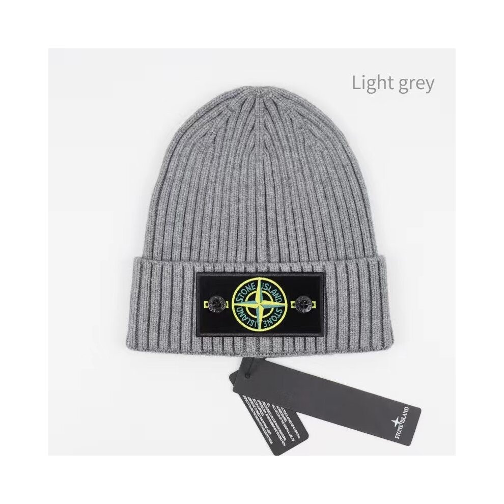 (Black) Stone Island Hat Warm Thick Cap Cuffed Knit Stretch Beanie Hat