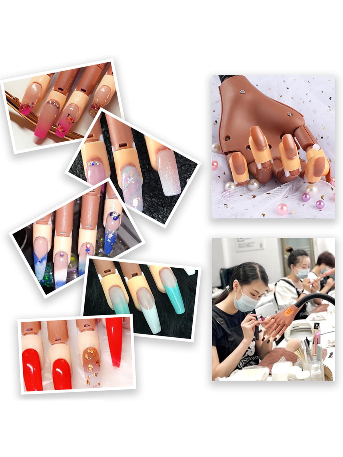 (Practice Hand with 300 Pcs Nail Tips) Practice Hand for Acrylic Nails 300Pcs Nail Tips Flexible Training Hand Professional Nail Art Hand Tool Adjustable False Finger Nail DIY Nail Manicure