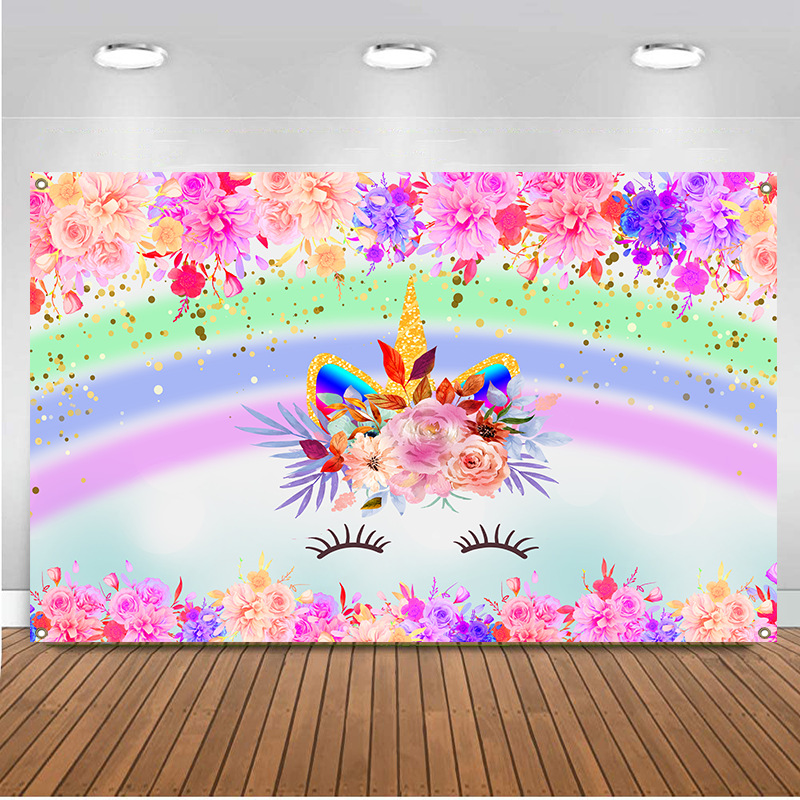Flower Unicorn Happy Birthday Party Decorations for Girls Watercolor Floral Glitter Cake Table Banner Supplies Studio Props