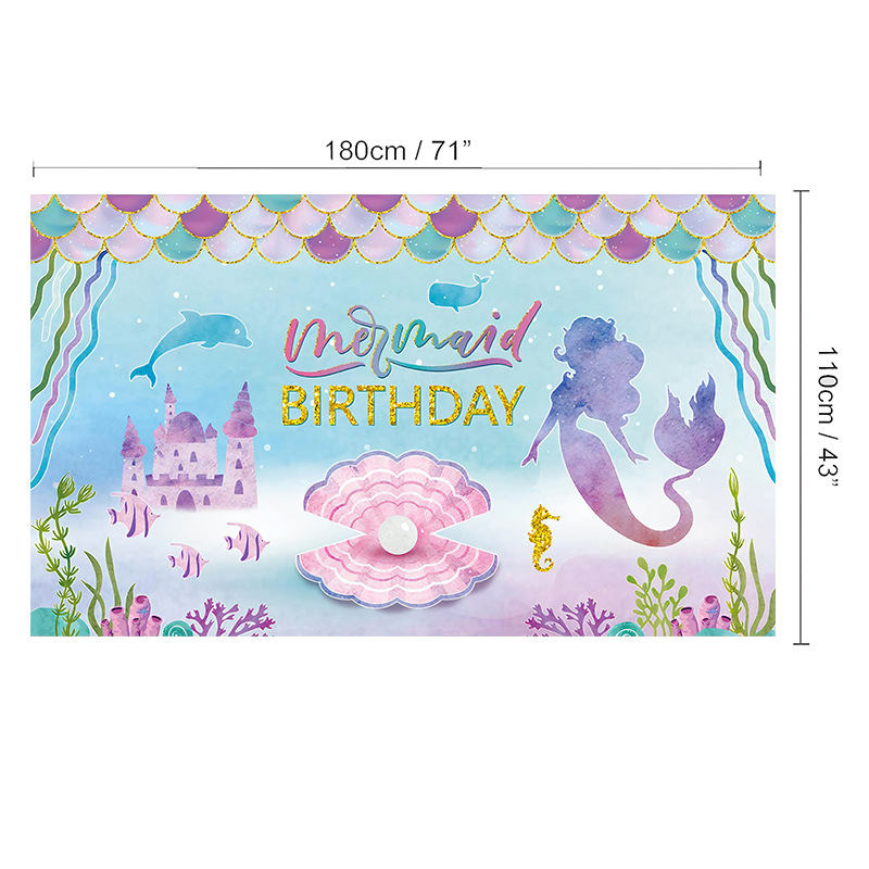 Mermaid Backdrop for Girls Birthday Mermaid Birthday Banner Mermaid Birthday Party Decorations Photography Background