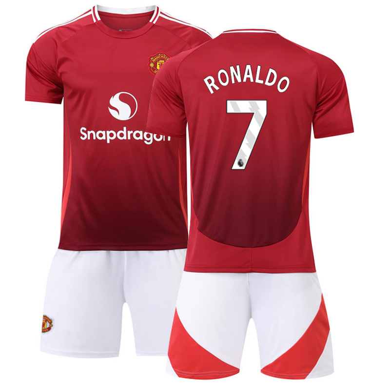 (Kids 16) 2425 Manchester United Home Kids Football Jersey No.7 Ronaldo Boys Girls Youth Trainshirts Jersey Football Suit Soccer Jersey Shorts Set Fans Gifts