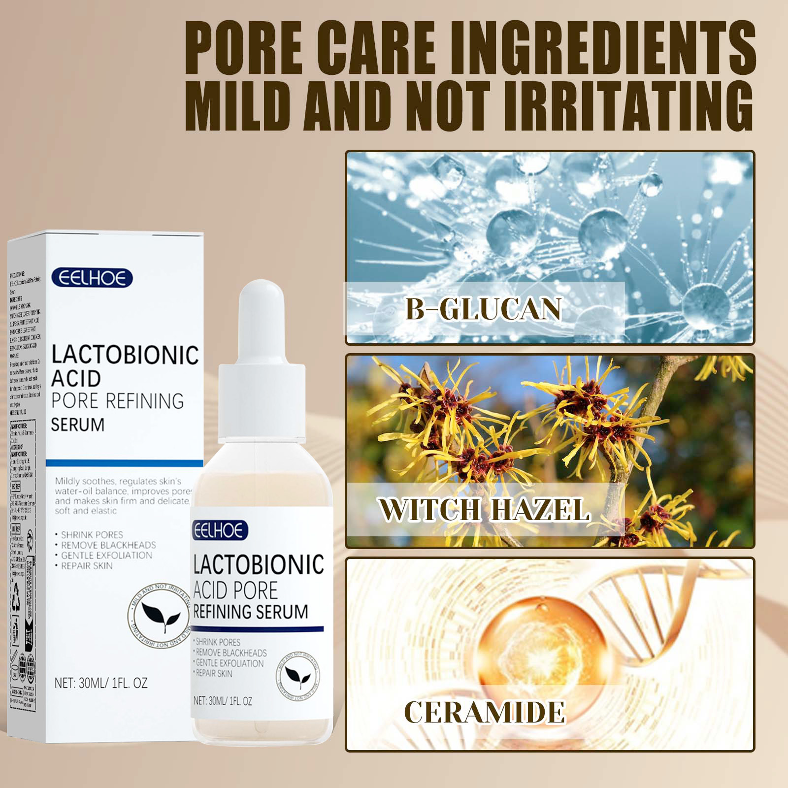 Lactobionic Acid Pore Shrink Face Serum Hyaluronic Acid Moisturizer Nourish Essence Firm Refine Skin Texture Elasticity Cleanse Blackheads Whiteheads 30ml