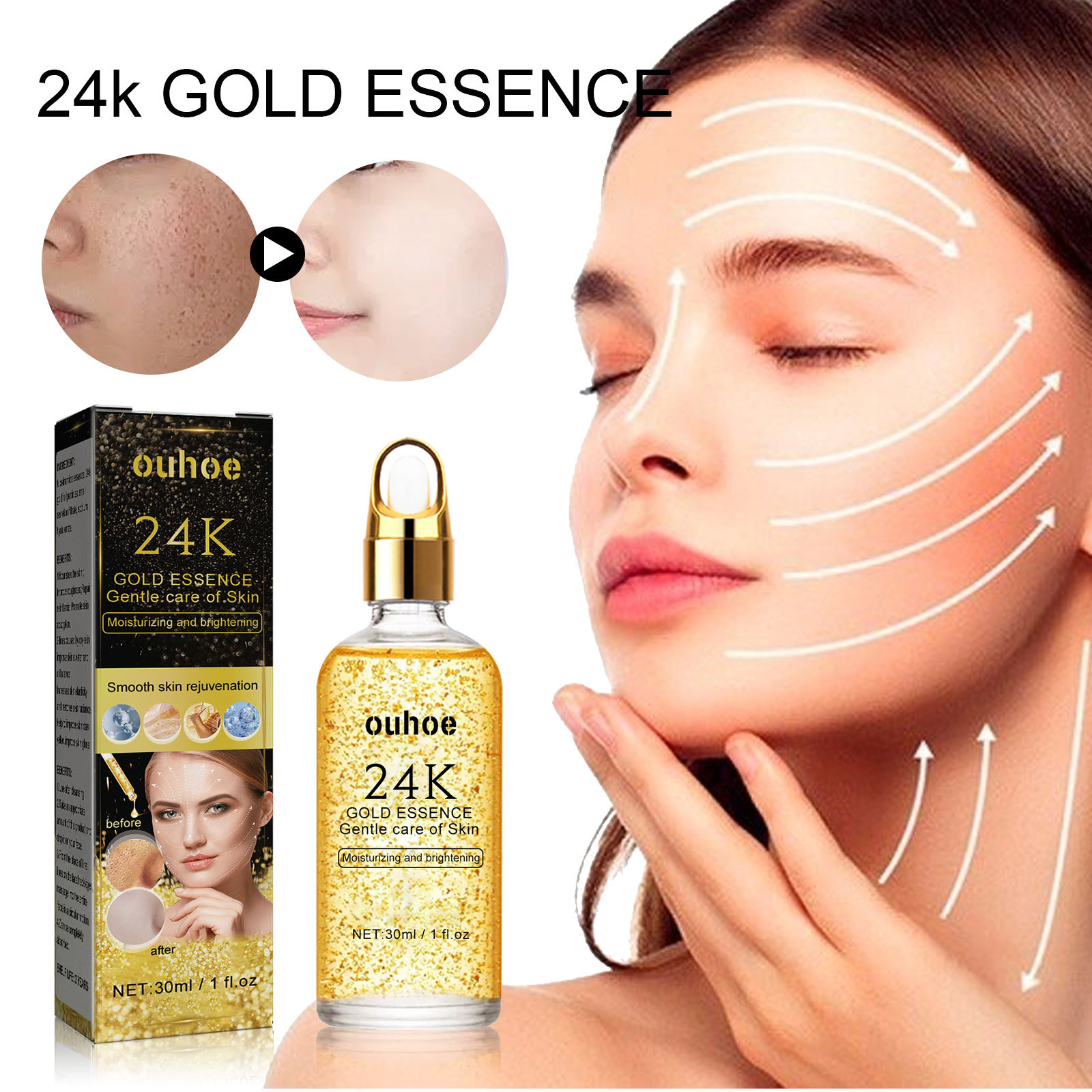 (1 PC) OUHOE 24k Gold Face Serum Moisturizing Brighten Skin Tightening Whitening Rejuvenate the Face Shrink Pores Nicotinamide Facial Serum Anti Aging Essence