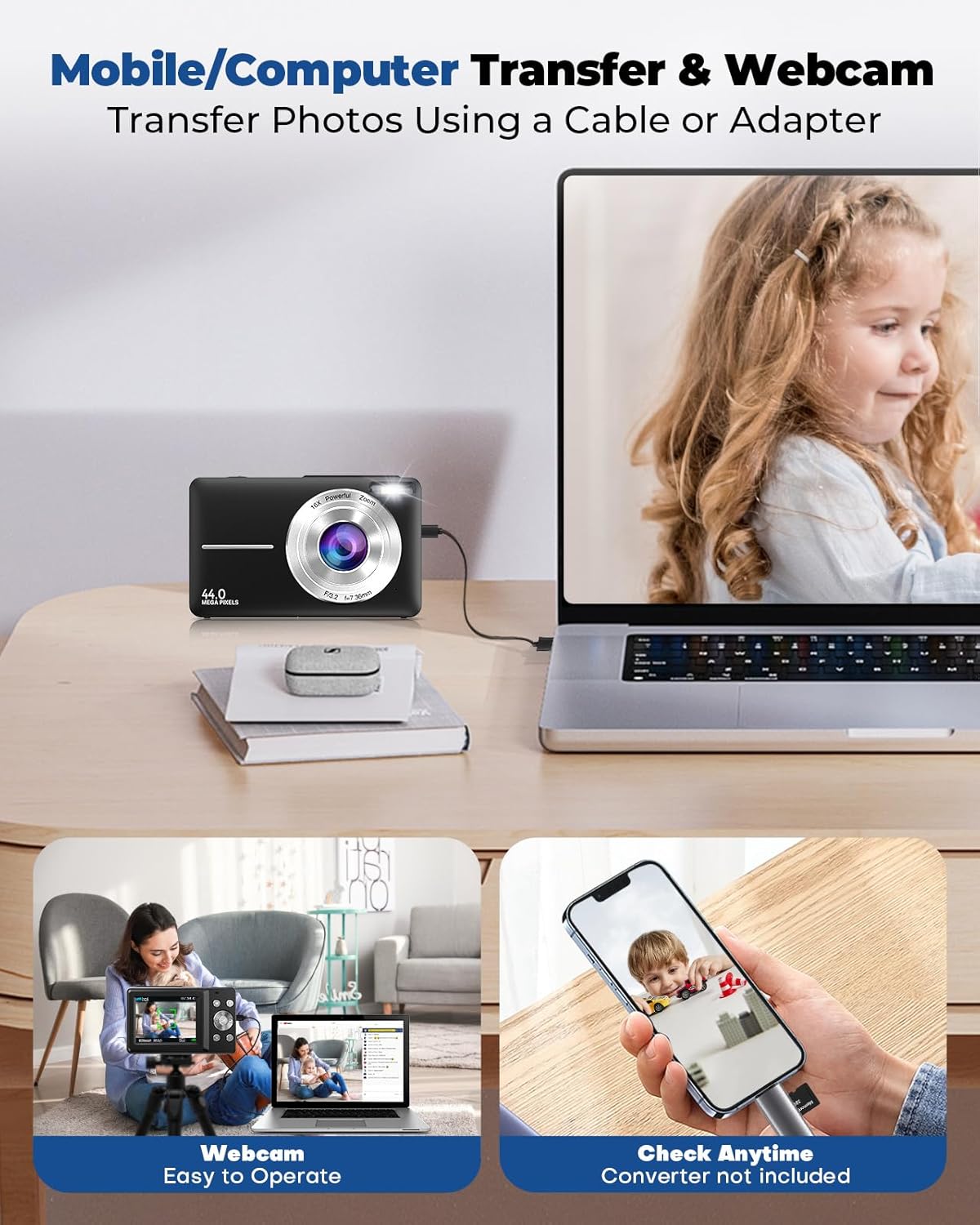 Digital Camera Camera Rechargeable Portable Mini Cameras FHD 1080P 44MP Compact Cameras with 16X Digital Zoom