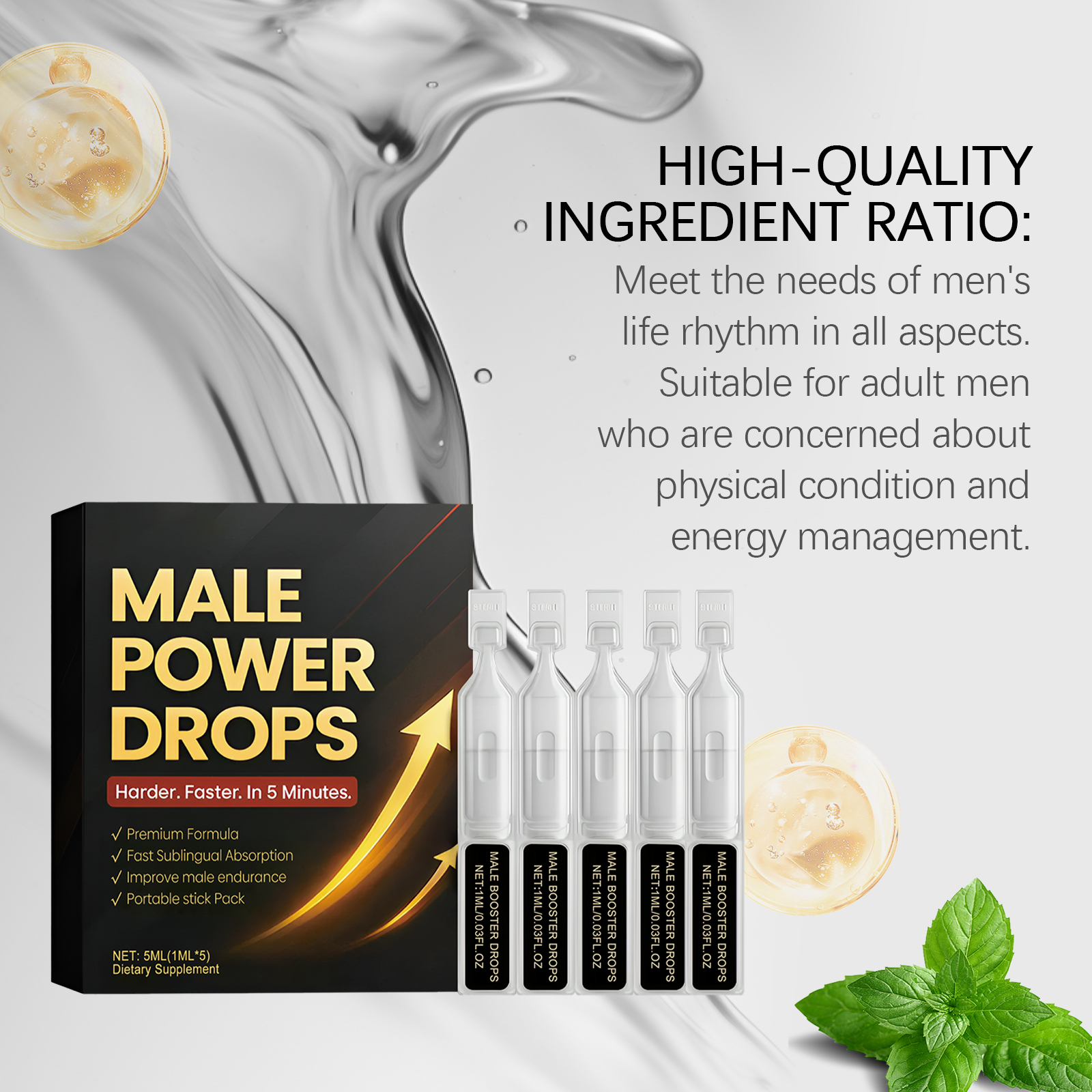 Premium Formula Male Power Drops Improve Male Endurance Natural Dietary Supplement for Men's Health & Active Lifestyle Support