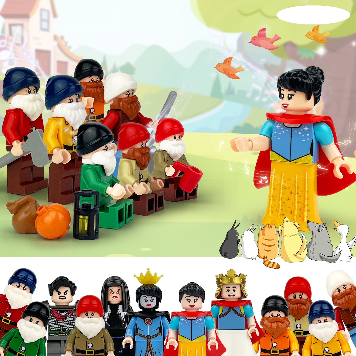 Princess and Dwarf Mini Figures Set Miniature Building Blocks for Scene Decoration Role Play Collection Series Educational Toys for Kids