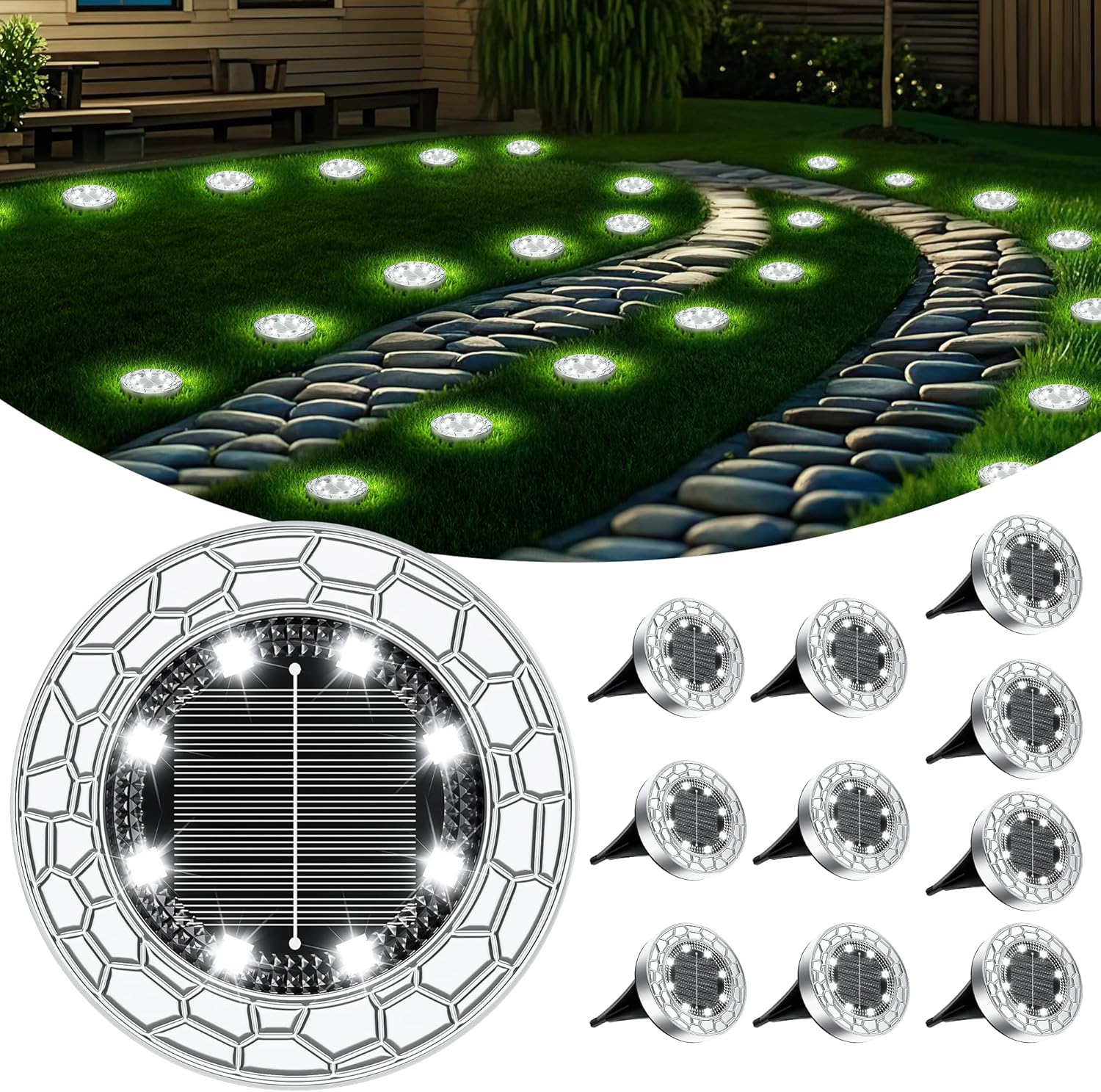 (6 pcs) Solar Lights Outdoor Garden Cold White 8 LED Stone Design Stainless Steel Solar Garden Lights IP65 Waterproof Ground Light for Pathway Lawn Yard Decorative Ligh