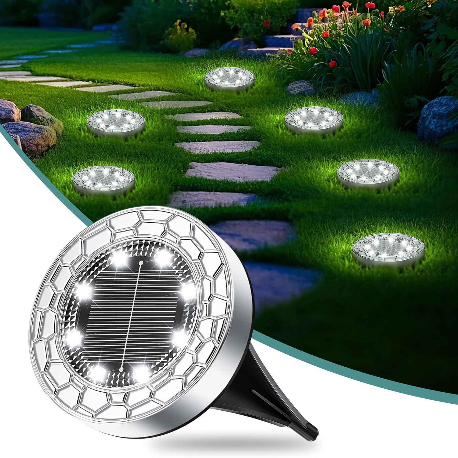 (6 pcs) Solar Lights Outdoor Garden Cold White 8 LED Stone Design Stainless Steel Solar Garden Lights IP65 Waterproof Ground Light for Pathway Lawn Yard Decorative Ligh