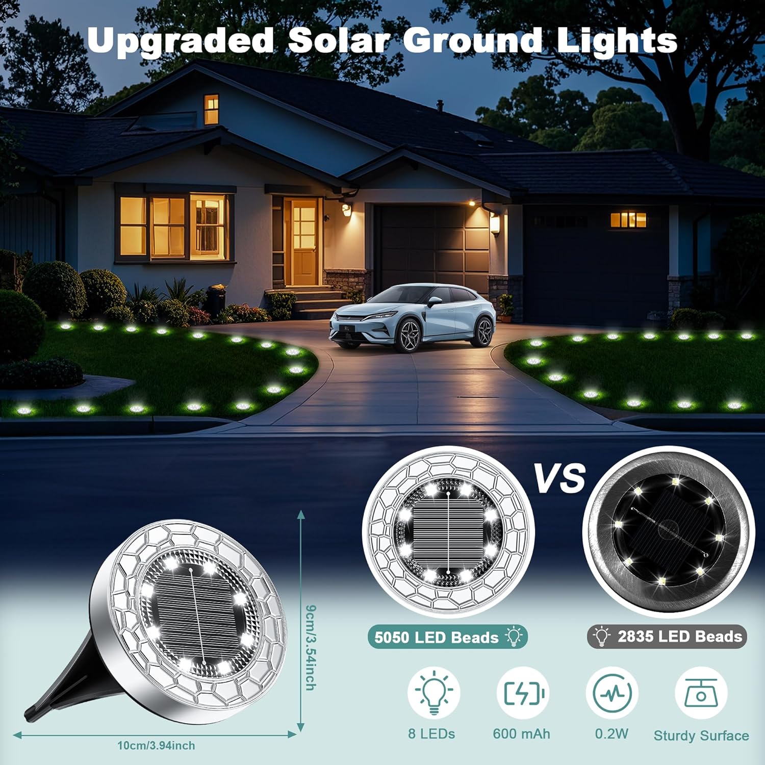 (6 pcs) Solar Lights Outdoor Garden Cold White 8 LED Stone Design Stainless Steel Solar Garden Lights IP65 Waterproof Ground Light for Pathway Lawn Yard Decorative Ligh