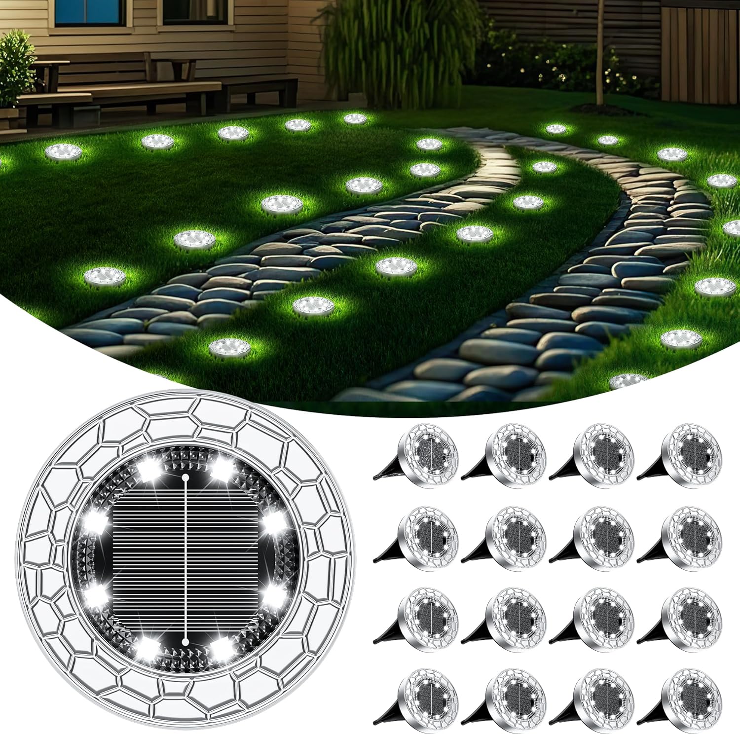 (6 pcs) Solar Lights Outdoor Garden Cold White 8 LED Stone Design Stainless Steel Solar Garden Lights IP65 Waterproof Ground Light for Pathway Lawn Yard Decorative Ligh