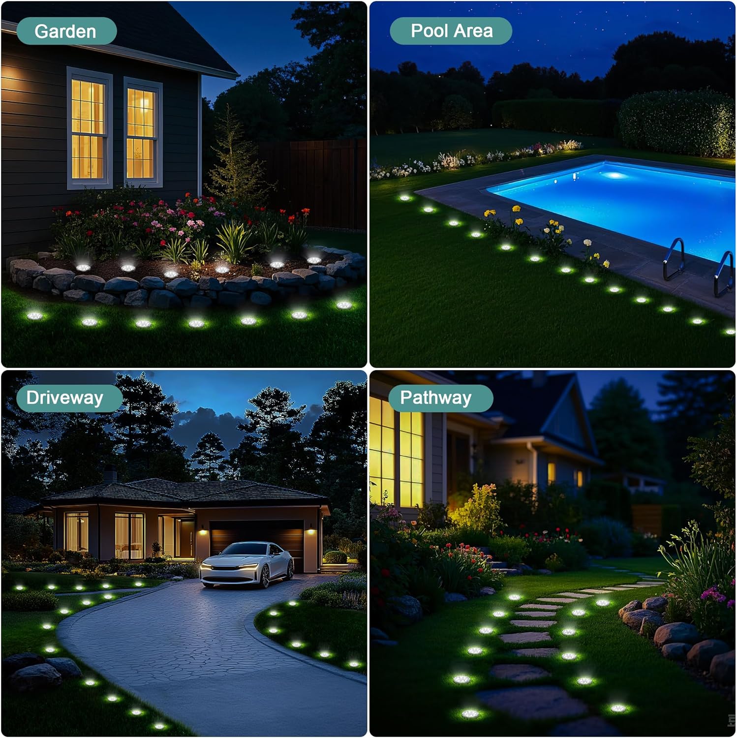 (6 pcs) Solar Lights Outdoor Garden Cold White 8 LED Stone Design Stainless Steel Solar Garden Lights IP65 Waterproof Ground Light for Pathway Lawn Yard Decorative Ligh