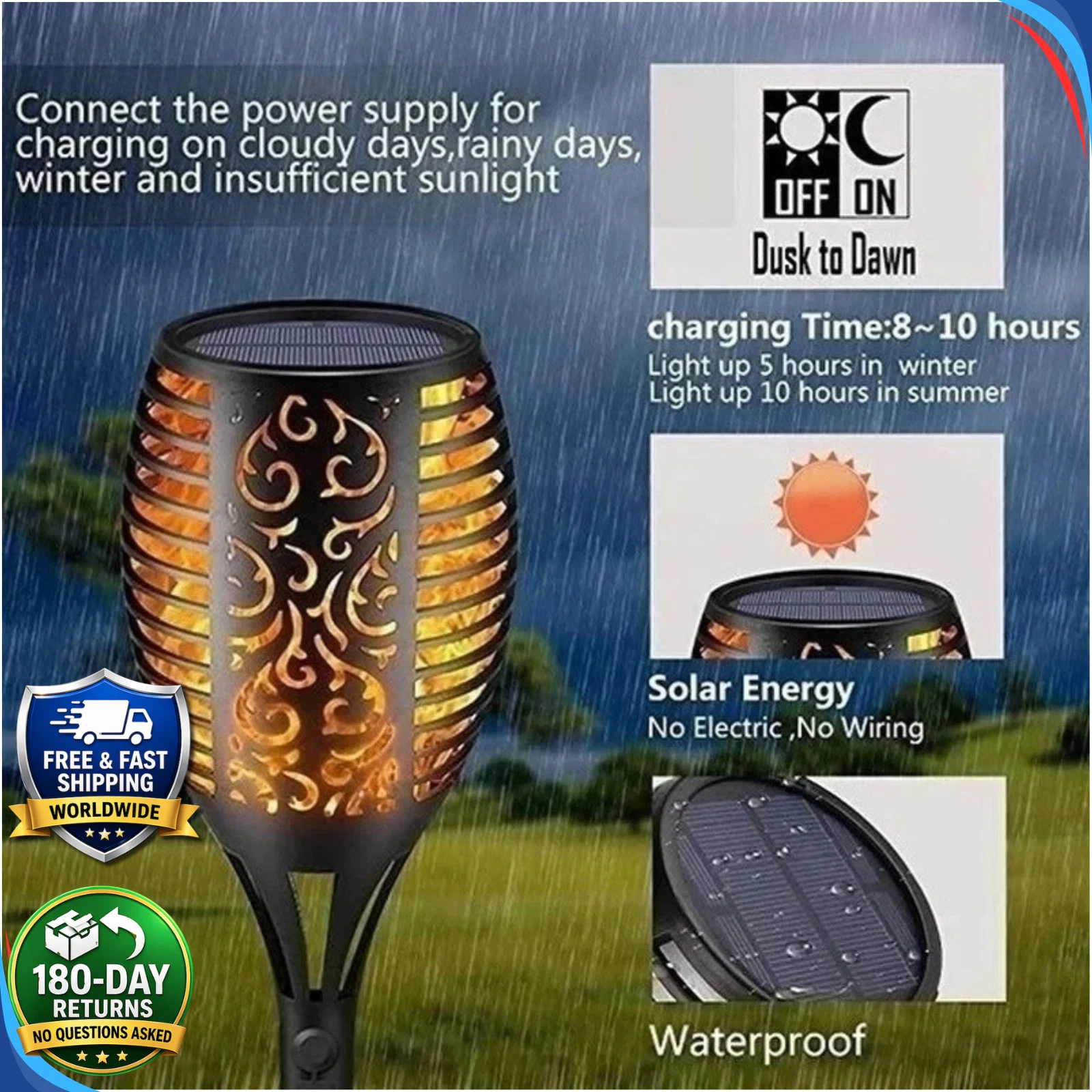(12 pcs) Solar Flame Lights Flickering Outdoor Garden Pathway Landscape Torch Lamp