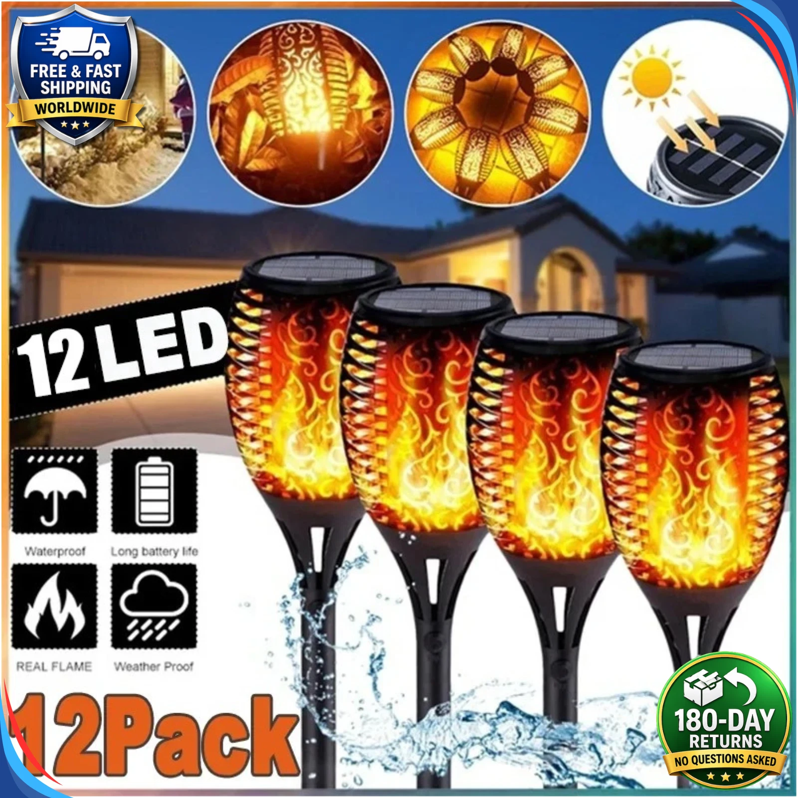 (12 pcs) Solar Flame Lights Flickering Outdoor Garden Pathway Landscape Torch Lamp