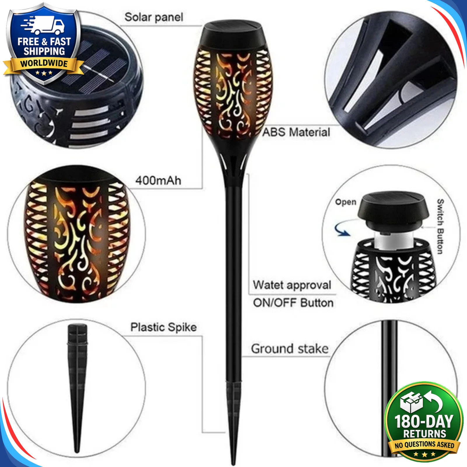(12 pcs) Solar Flame Lights Flickering Outdoor Garden Pathway Landscape Torch Lamp