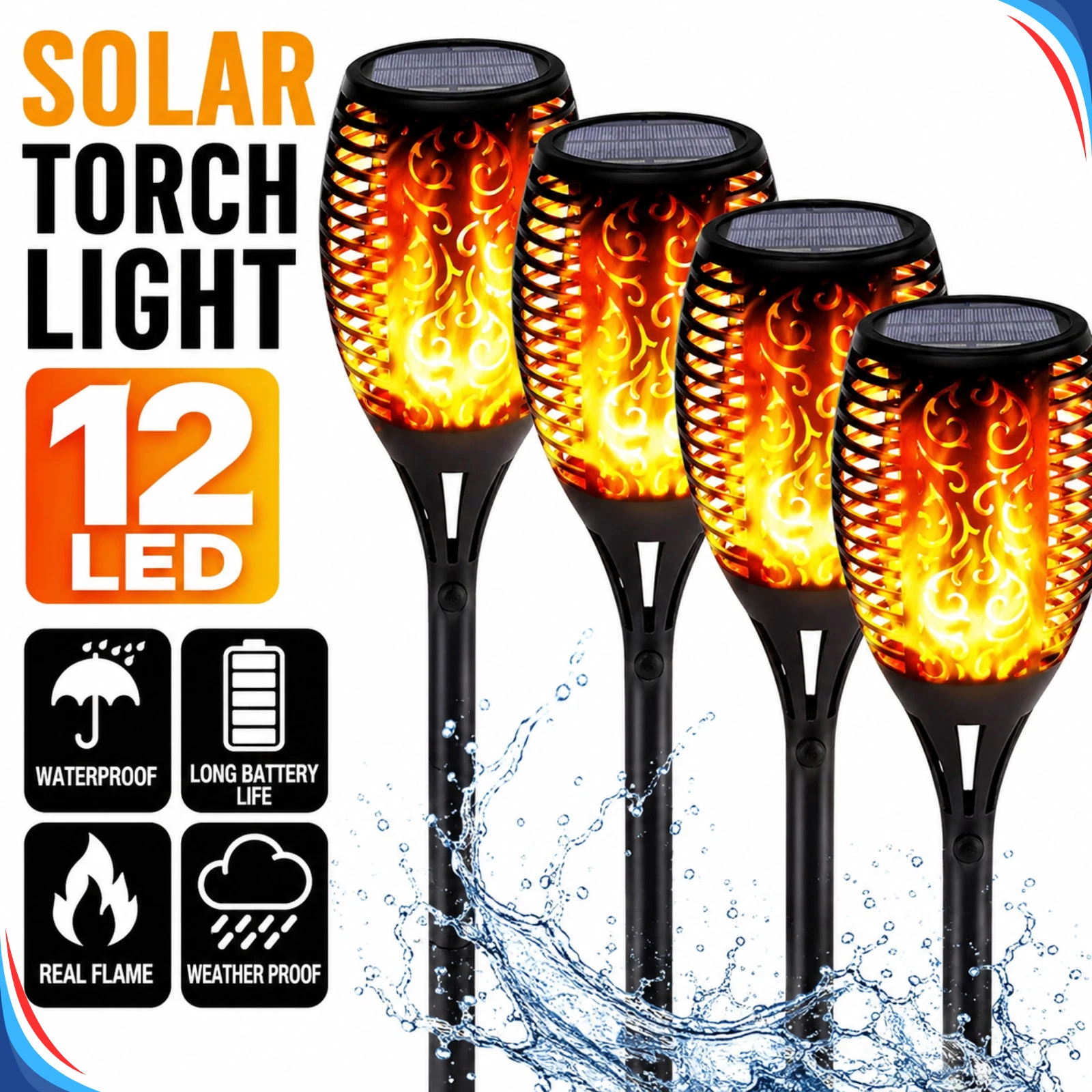 (12 pcs) Solar Flame Lights Flickering Outdoor Garden Pathway Landscape Torch Lamp