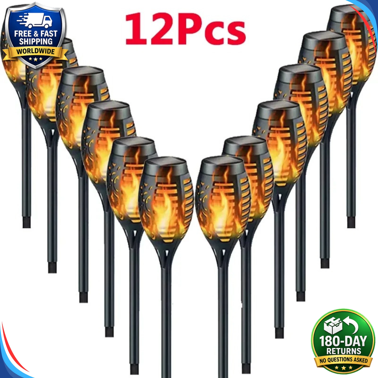 (12 pcs) Solar Flame Lights Flickering Outdoor Garden Pathway Landscape Torch Lamp