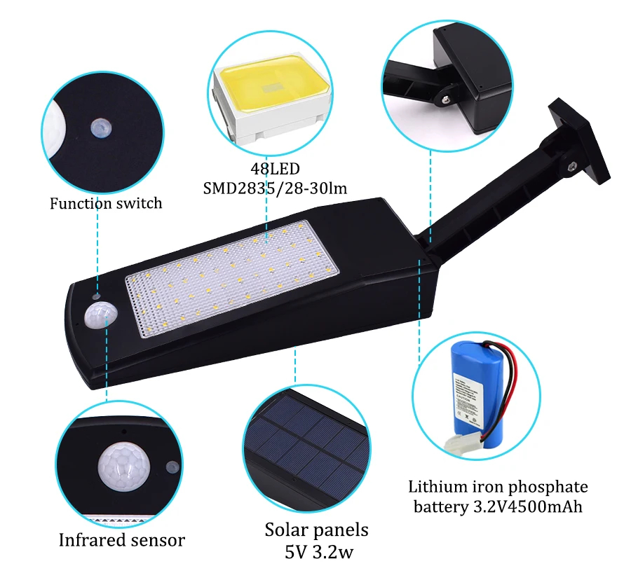 (White) Outdoor Solar Wall Light 48 LED Remote Control Waterproof 1000LM Garden Sconce for Porch Yard Lighting