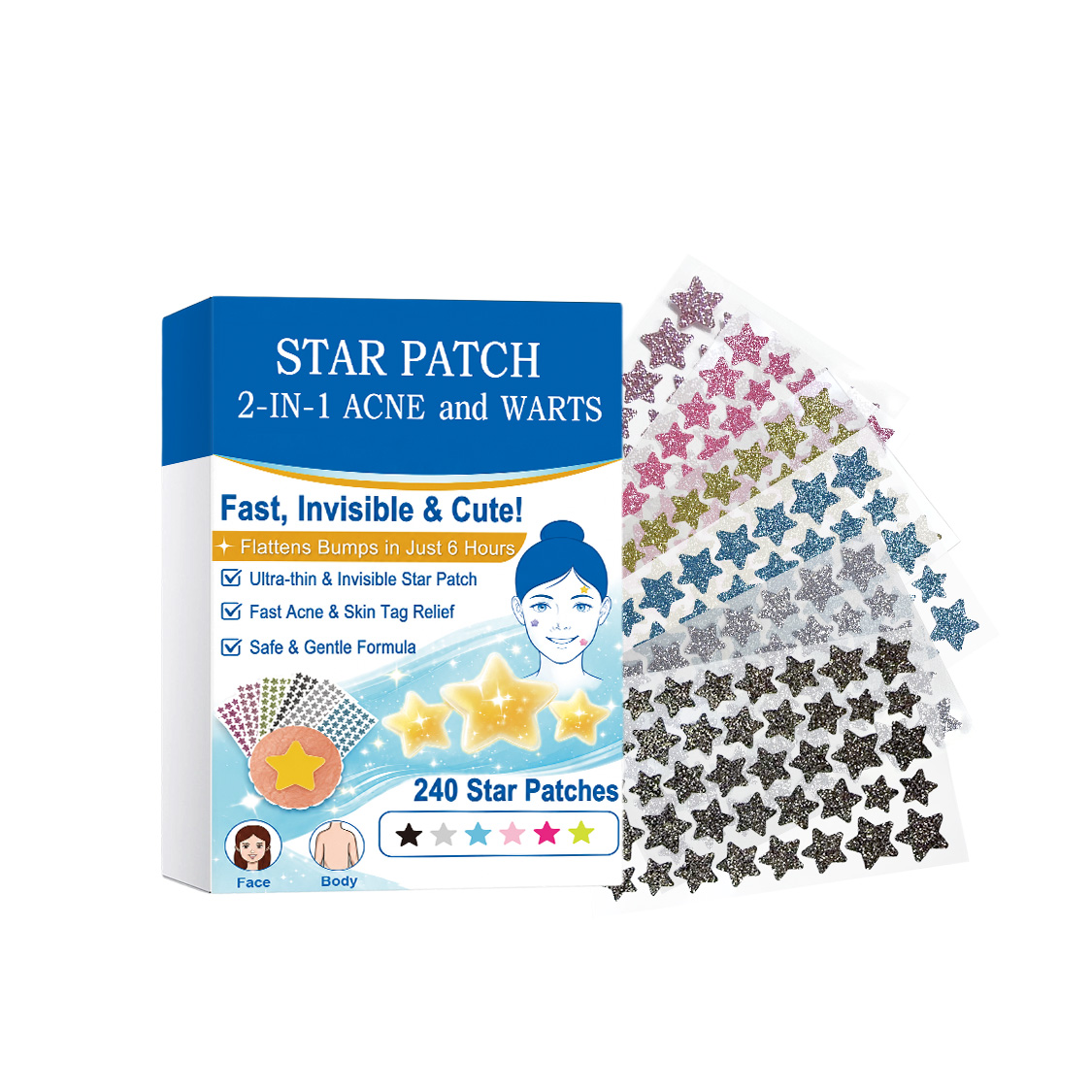 Star Colored Acne Patches Gentle Clean Skin Surface Thin Invisible Long Last Secure Tear Mild Comfort Skin Care