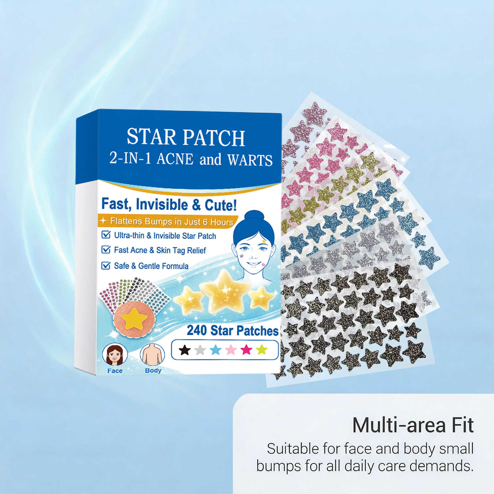 Star Colored Acne Patches Gentle Clean Skin Surface Thin Invisible Long Last Secure Tear Mild Comfort Skin Care