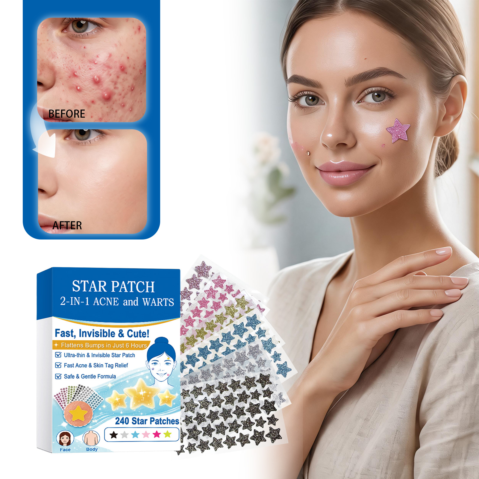 Star Colored Acne Patches Gentle Clean Skin Surface Thin Invisible Long Last Secure Tear Mild Comfort Skin Care