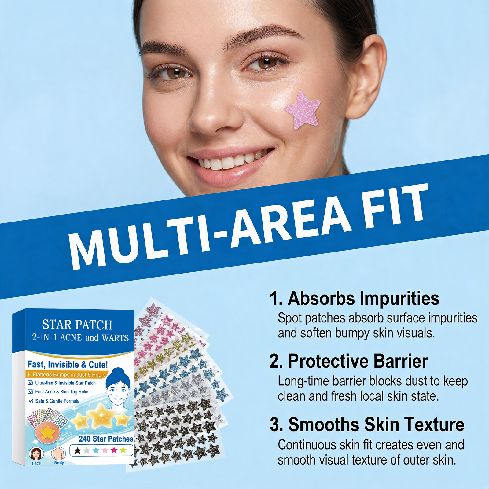 Star Colored Acne Patches Gentle Clean Skin Surface Thin Invisible Long Last Secure Tear Mild Comfort Skin Care