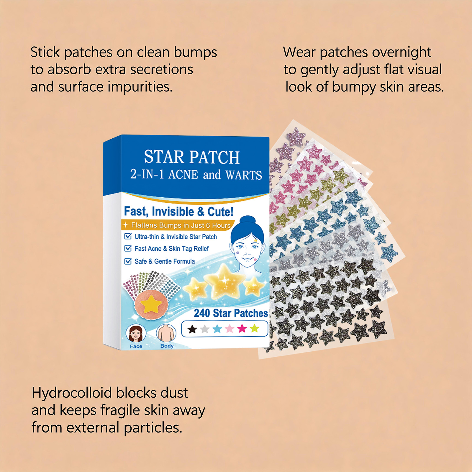 Star Colored Acne Patches Gentle Clean Skin Surface Thin Invisible Long Last Secure Tear Mild Comfort Skin Care