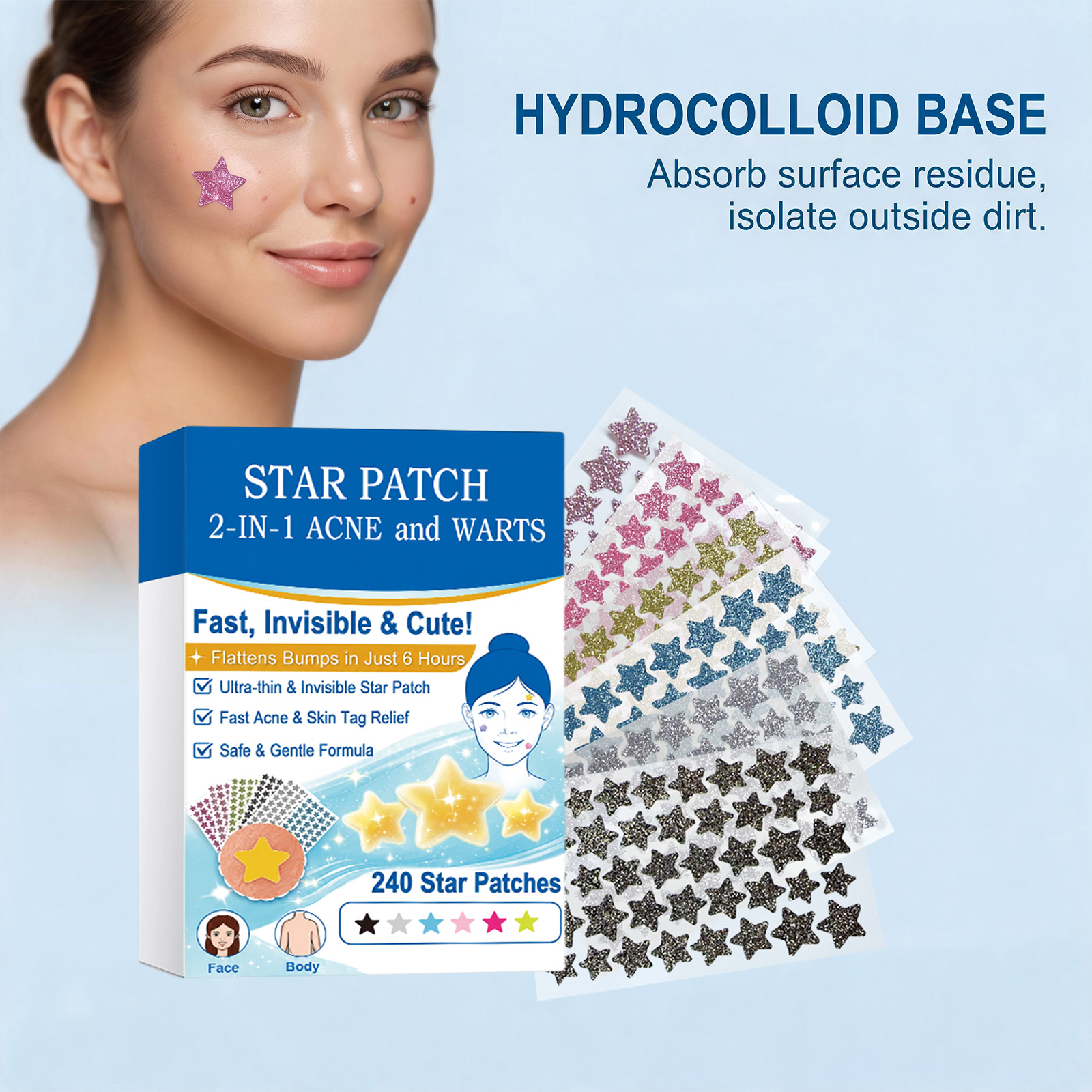 Star Colored Acne Patches Gentle Clean Skin Surface Thin Invisible Long Last Secure Tear Mild Comfort Skin Care