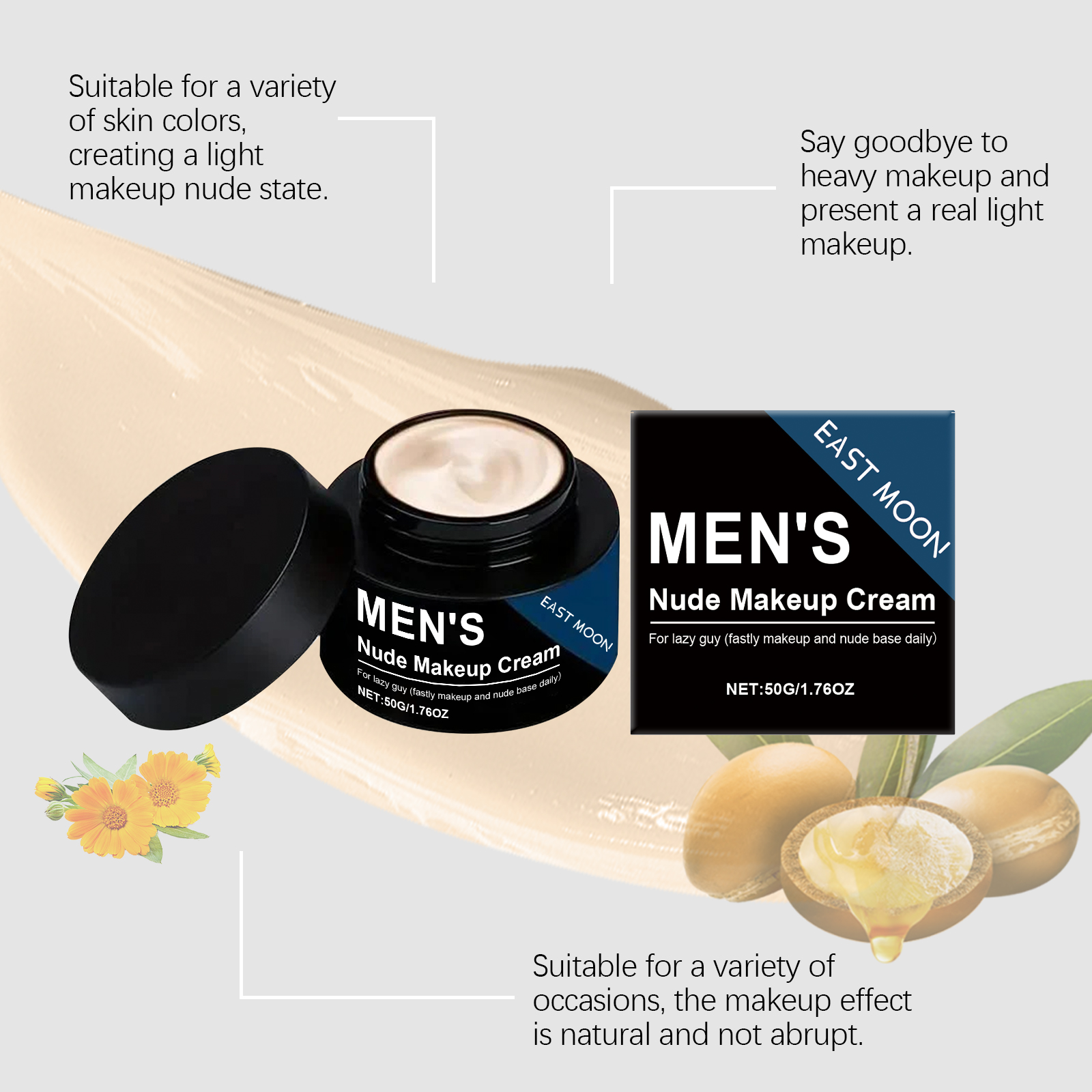Men Tinted Moisturizer Cream Natural Nude Lightweight Coverage Waterproof Sweat Resistant Daily Face Care 50g