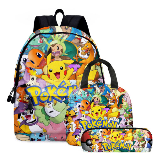 (09, 3PCS) Poku00e9mon Pikachu Backpack Lunch Bag Pencil Case Set Kids Gift