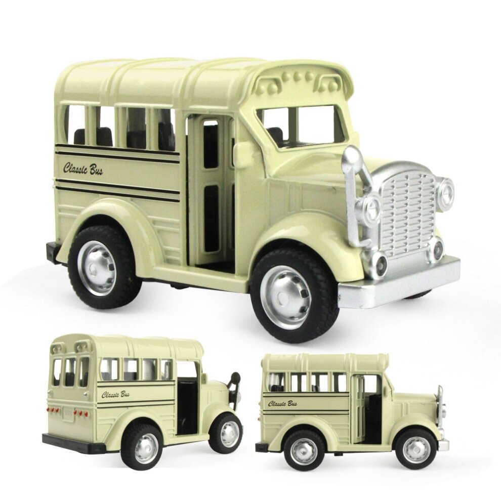 (Beige School Bus) Diecast Metal Pull Back Cars Mini Alloy Cars Toys