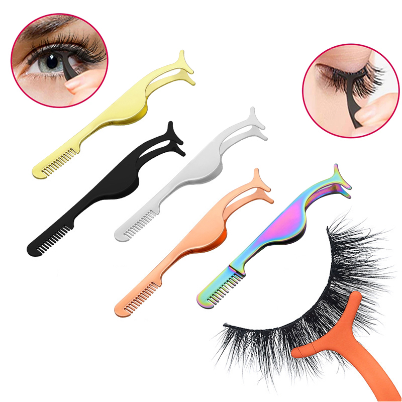 (Silver) False Eyelash Tweezers Clips Eyelash Extension Tweezers Remover Tools Fake Lashes Applicator Fake Eye Lash Aid Forcep Tools Stainless Steel Lash Curler Comb
