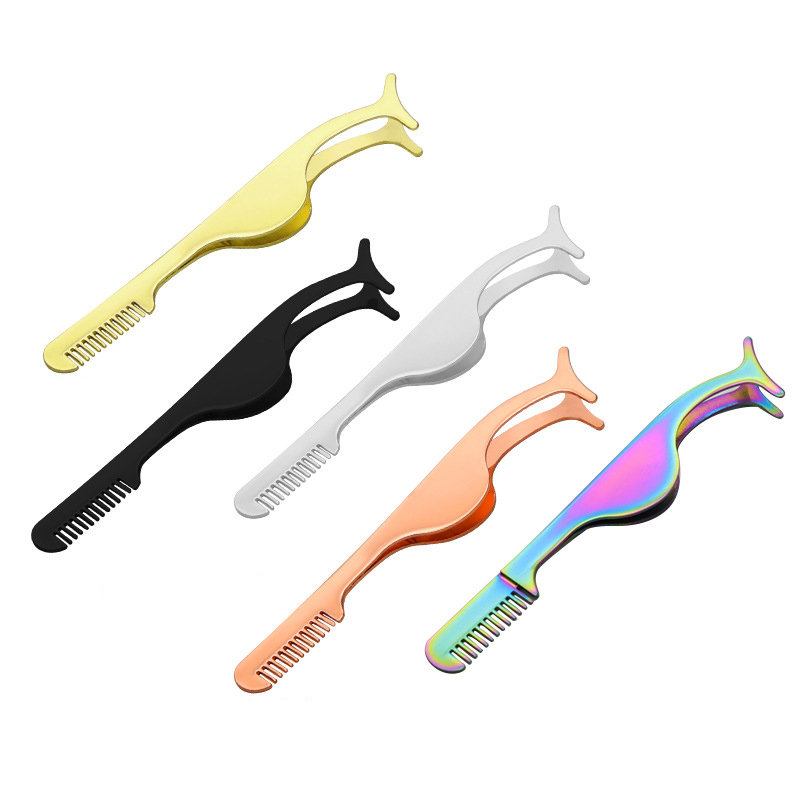 (Silver) False Eyelash Tweezers Clips Eyelash Extension Tweezers Remover Tools Fake Lashes Applicator Fake Eye Lash Aid Forcep Tools Stainless Steel Lash Curler Comb