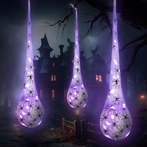 3pcs Hanging Spider Egg Sacs Decor LED Purple Glowing Spider Egg Web