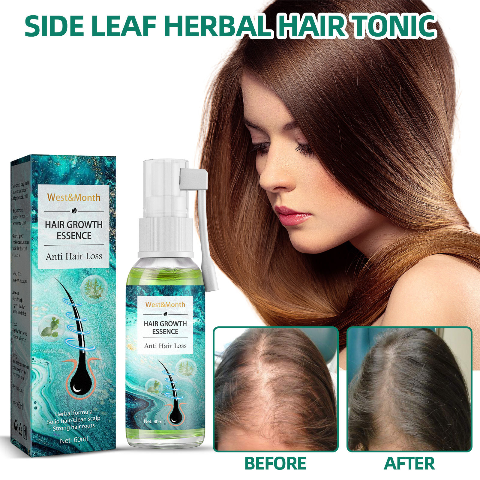 Hair Growth Spray Natural Intensive Essence Moisturizing Hair Essence Hair Care Products for hicker Longer Hair Anti Hair Loss for Men Women 60ml