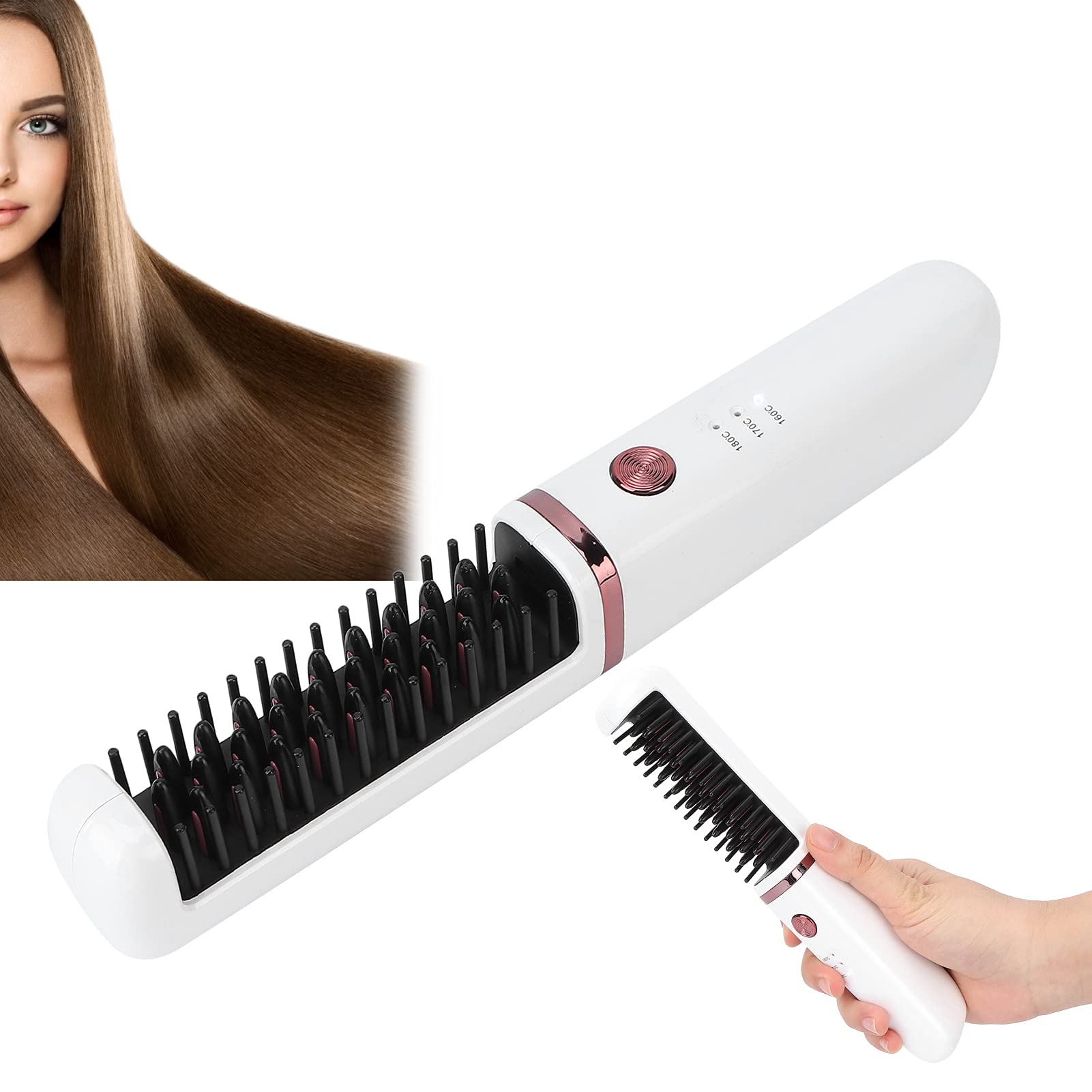 Wireless Straight Hair Comb USB Rechargeable Ceramic Hair Straightener with 3 Levels Adjustable Temper
