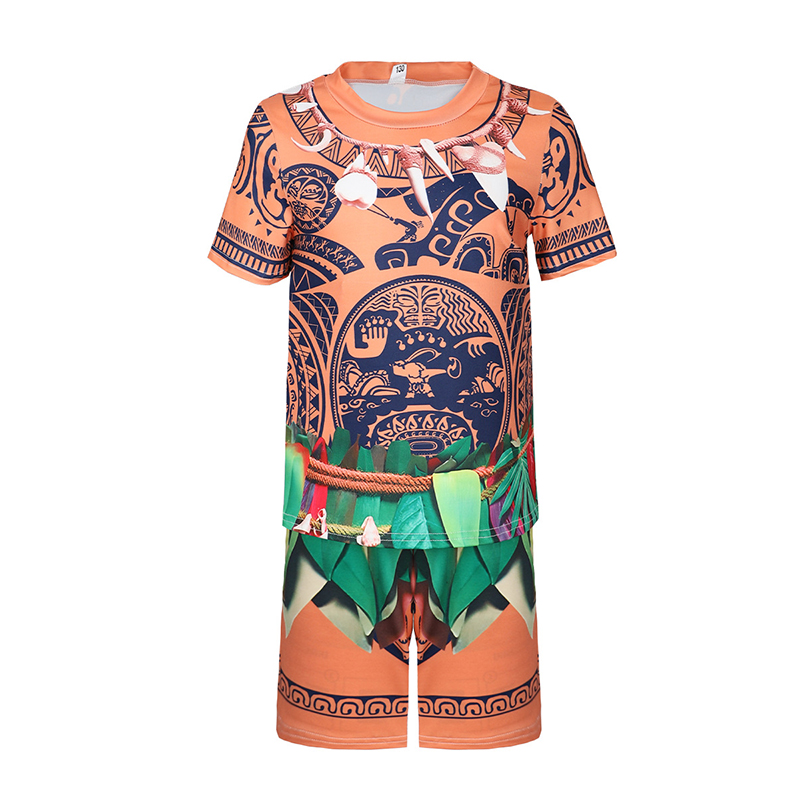 (Size 100) Moana Maui Costume for Kids Boys Fancy Dress Up Halloween Birthday Theme Party Outfits Kids Short Sleeve T Shirt Tattoo Tops  Pants Cosplay Outfits