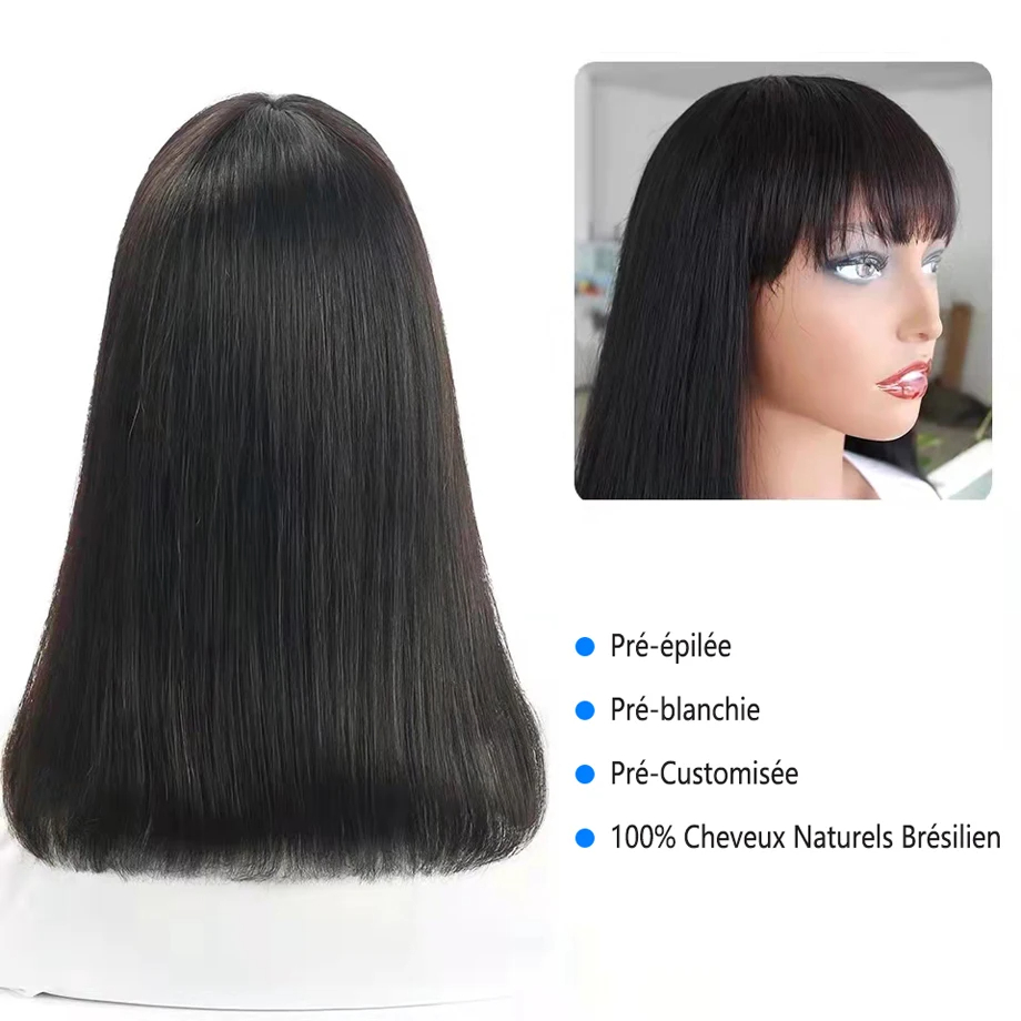 (180 Percent Density 16inches) Straight 3x1 Middle Part Lace Realistic Look Fake Scalp Wig Brazilian Wig Straight Fringe Human Hair With Bangs For Women