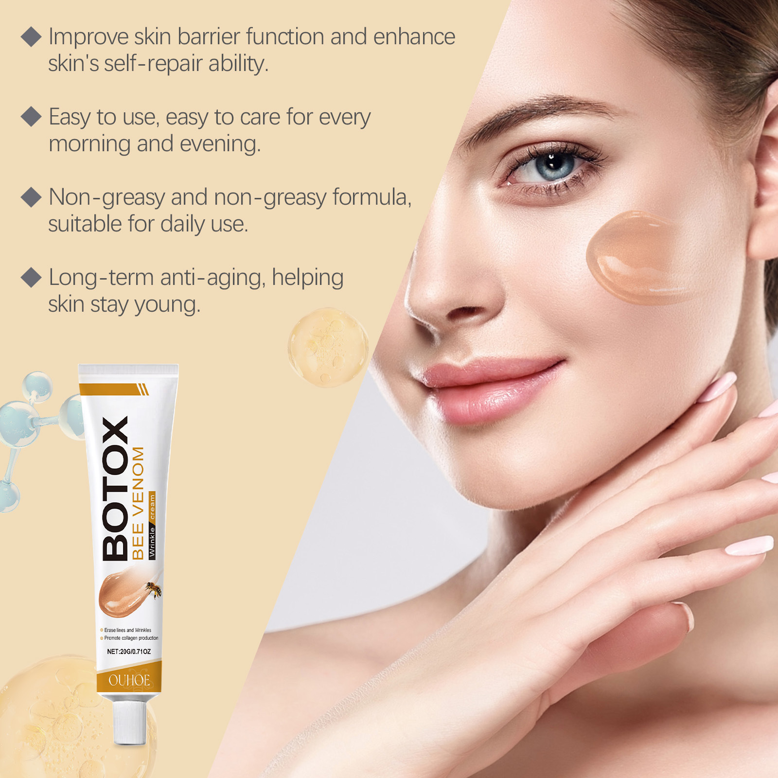 Facial Care Cream with Bee for Hydrating Brightening Firming Moisturizing and Rejuvenating Delicate Skin Soft and Gentle Skin Care Refining Skin Cream