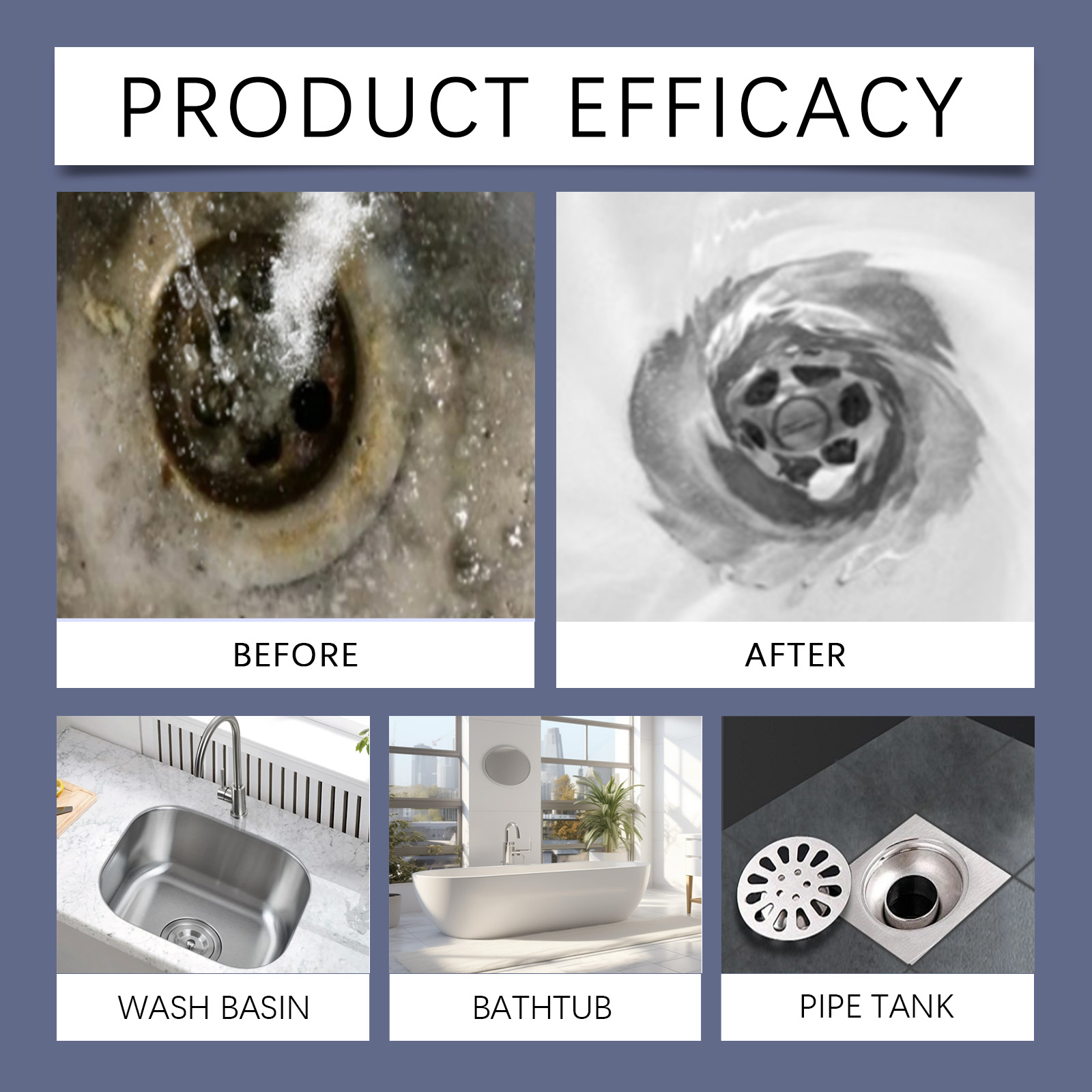 Drain Opener Powder Powerful Unclogger for Bathroom Kitchen Drains Dissolves Hair Grease Food Waste Cleans Pipes Odors ﻿